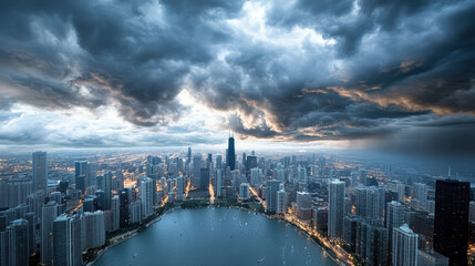 Dramatic skyline view of city under stormy sky, showcasing towering buildings and water