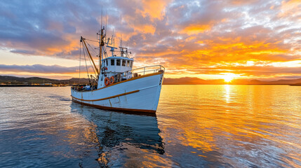 Fishing boat entering harbor at sunset, reflecting golden hues on water surface