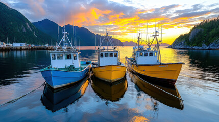 Colorful fishing boats anchored near serene bay at sunset, reflecting vibrant hues on water