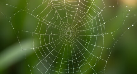 Obraz premium Dewcovered spider web against blurred green foliage