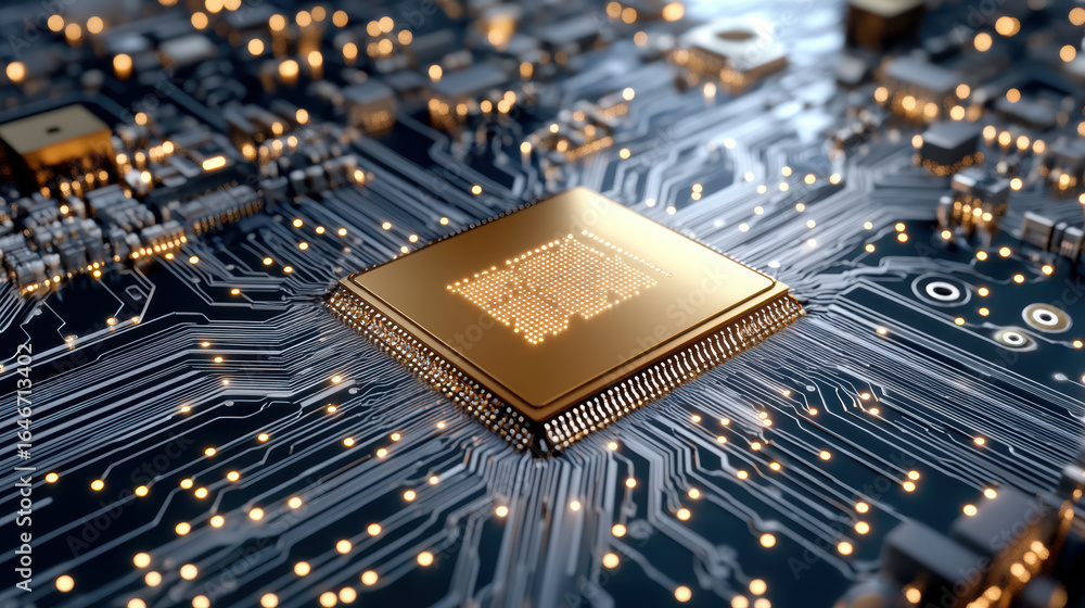Poster high tech circuit board with central processing unit, showcasing intricate details and glowing