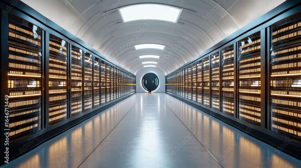 Poster futuristic data center corridor with illuminated server racks and sleek design