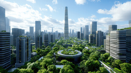 Obraz premium Futuristic city skyline featuring green roofs, AI data centers, and lush greenery