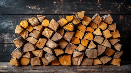 Wandcirkels Brandhout textuur A perfectly stacked pile of natural firewood logs showcases a beautiful array of wood textures and warm tones against a rustic dark timber background.  © Анастасія Шестопал