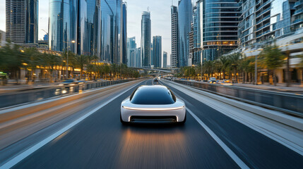 Futuristic city roads with sleek vehicle, modern skyscrapers, and vibrant urban atmosphere