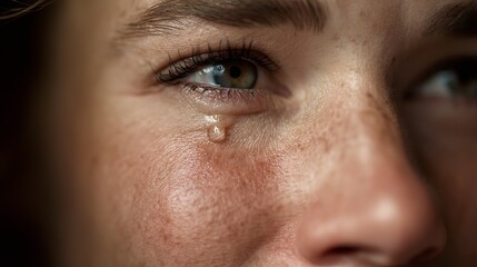 A close-up of a young woman with a tear rolling down her cheek, capturing deep emotion.