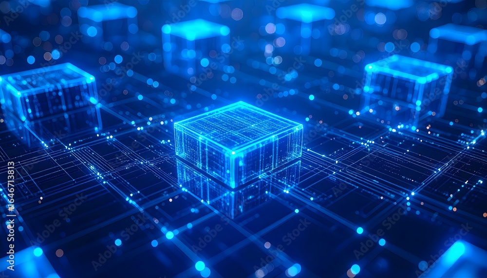 Aufkleber abstract technology background with glowing cubes and lines for digital innovation