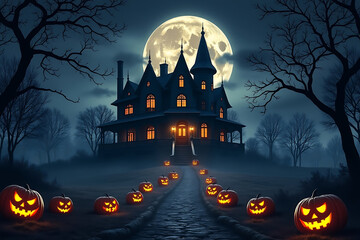 Eerie Mansion on a Hill Illuminated by a Large Moon with Jack-o'-Lanterns Lining the Path