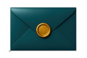 Closed teal envelope featuring a gold wax seal, isolated on a transparent background, perfect for communication, invitation, and message concepts
