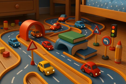 Colorful Wooden Toy Car Track with Small Cars and Traffic Signs in Child's Bedroom