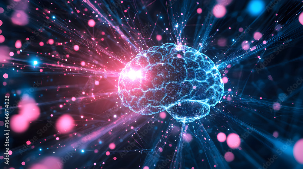 Poster futuristic brain surrounded by glowing neural connections and data streams