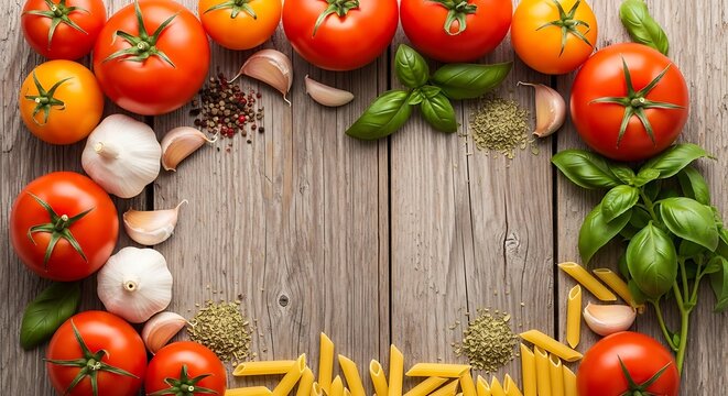 Fresh ingredients for Italian cuisine on rustic wooden surface create delicious dishes