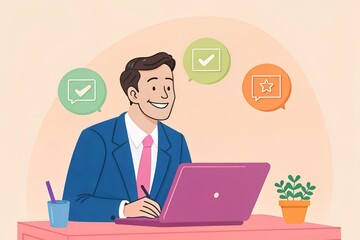 Happy cartoon businessman working on laptop with positive feedback isolated on white background