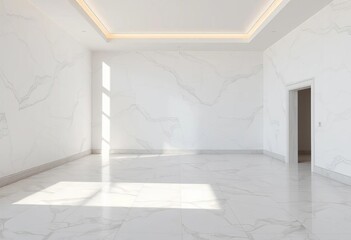 Obraz premium Sunlit empty marble room, polished tile floor, light, room