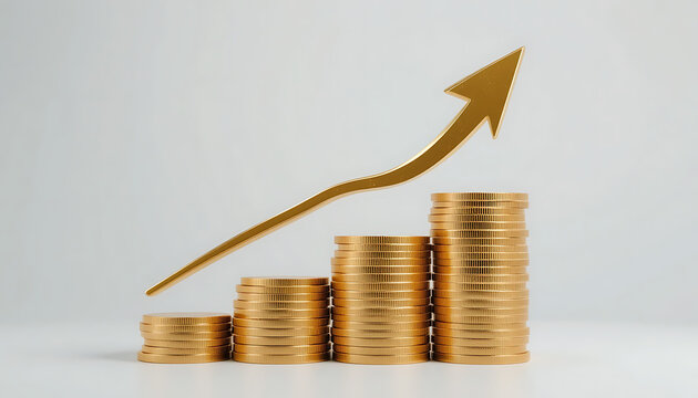 Increasing stacks of golden coins with a smooth upward green arrow, representing financial success and growth with an environmentally positive connotation, isolated on a transparent background