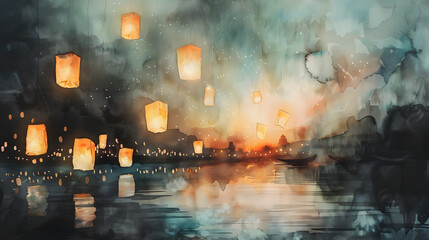 Fototapeta premium watercolor painting of floating lanterns rising