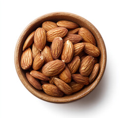 Bowl of almonds isolated on white background, top view of healthy nuts for snacking and nutrition