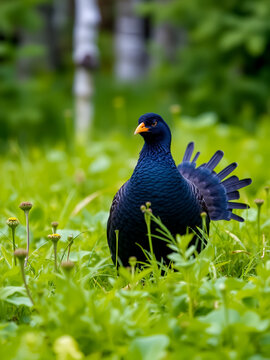 A cautious female Black grouse in the middle of lush green environment near Kuusamo, Northern Finland