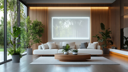 Fototapeta premium Modern living room with sleek sofa, wooden accents, and lush greenery, creating serene