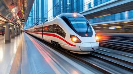 High speed train in motion, passing through modern city with skyscrapers