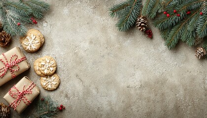 WEIHNACHTSGESCHENKE, KEKSE UND TANNENZWEIGE AUF RUSTIKALEM HINTERGRUND