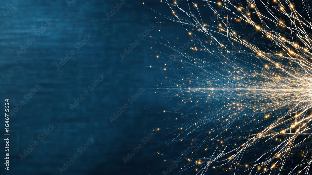 Poster bright sparks radiate from central point against textured blue background, creating dynamic