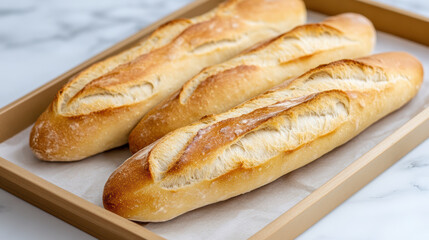 Freshly baked baguettes resting parchment paper wooden tray, showcasing golden crust and soft