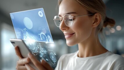 Close-up of professional woman using smartphone with futuristic AR interface, advanced technology and innovation, enhancing data visualization in a modern digital environment. - Powered by Adobe
