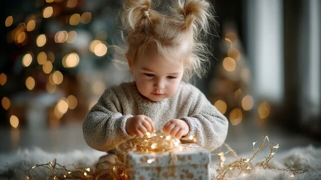 A little child, eyes sparkling with wonder, tenderly explores a wrapped gift, framed by the warm glow of festive lights.