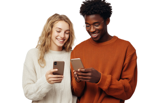 Cheerful friends in casual fashion use smartphones on transparent PNG for product staging, social media, and branding mockups.