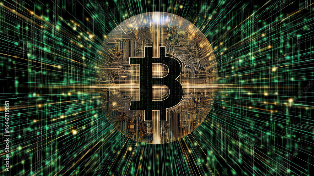 Aufkleber digital currency concept showcasing bitcoin symbol surrounded by network of data streams