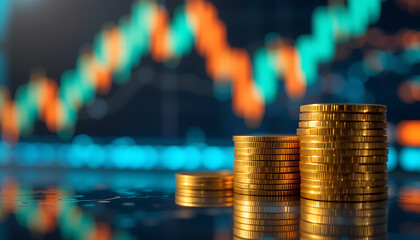 Stack of coins with trading price graph growth.Money business financial graph diagram of coin. Financial growth data or investment market profit bar and success report.Saving money concept.
