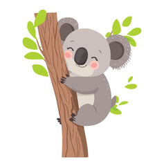 Fototapeta premium Smiling Koala Bear Clinging to a Tree Branch with Green Leaves