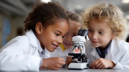 Close-up of diverse children in lab coats using microscope during science experiment, exploring and learning together in classroom, fostering curiosity and education in young minds.