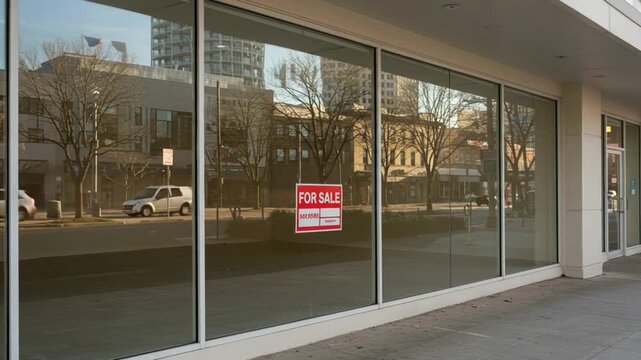 Empty Commercial Space For Sale City Street Reflection Vacant Storefront.