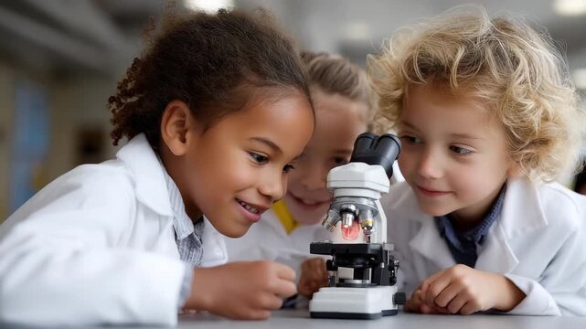 Close-up of diverse children in lab coats using microscope during science experiment, exploring and learning together in classroom, fostering curiosity and education in young minds.