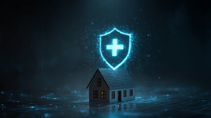 A digital house icon illuminated with a protective shield symbolizing security and health.
