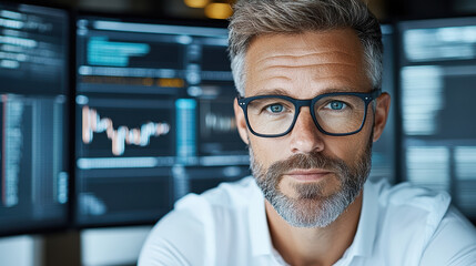 Professional investment manager focused on market analysis, surrounded by data screens