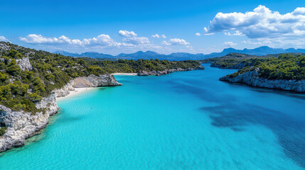 Crystal clear turquoise water flows between rocky shores and lush greenery, creating serene