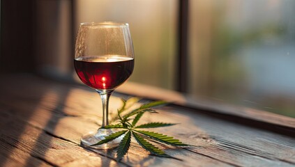 Red wine glass beside cannabis leaf on rustic wooden windowsill, warm sunlight