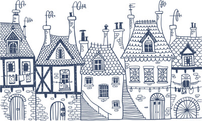 Fototapeta premium Whimsical European Village Street Scene Hand Drawn