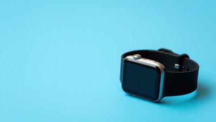 Modern smartwatch with black band on a bright blue background