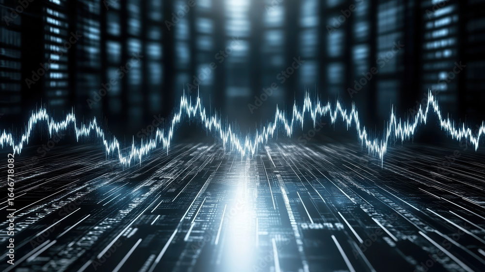 Poster digital data visualization, abstract graph, fluctuating lines, technology background