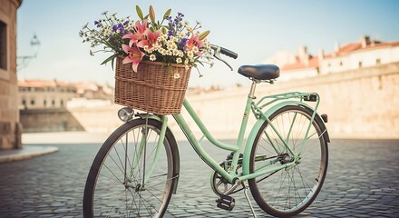Fototapeta premium Vintage bicycle with flower basket in european old town romantic scenic view