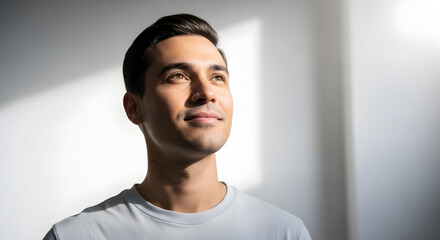 Obraz premium Portrait of a confident young man with dark hair and light skin looking thoughtfully into the distance in a bright modern indoor setting with soft natural lighting