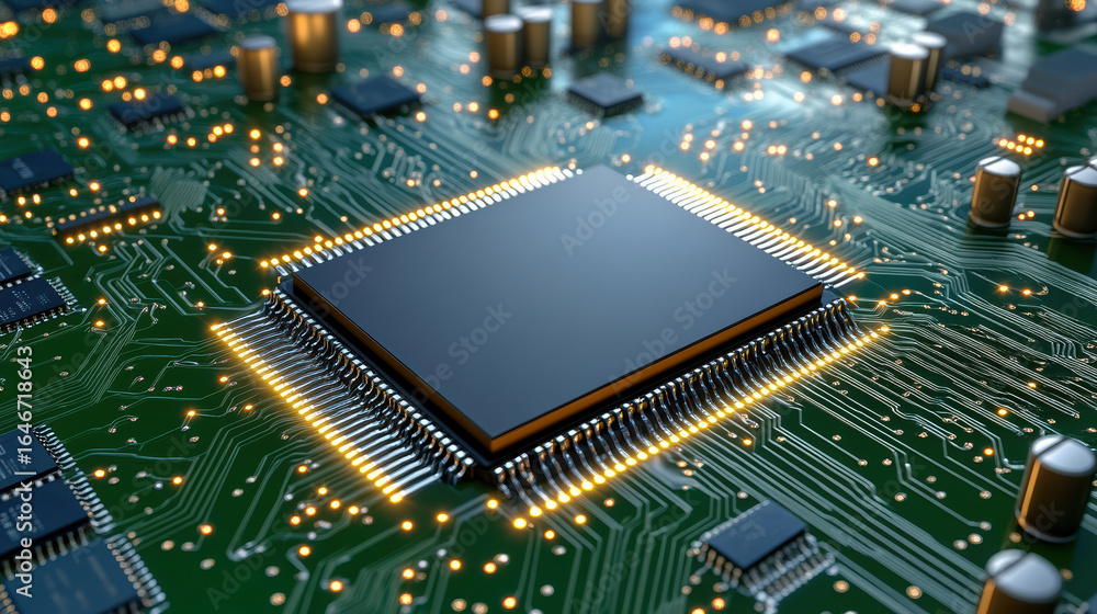 Poster high tech circuit board with microprocessor and glowing connections, showcasing advanced