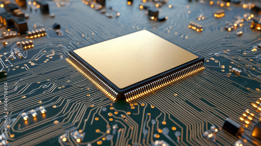 Poster golden microprocessor on circuit board with intricate connections and glowing elements