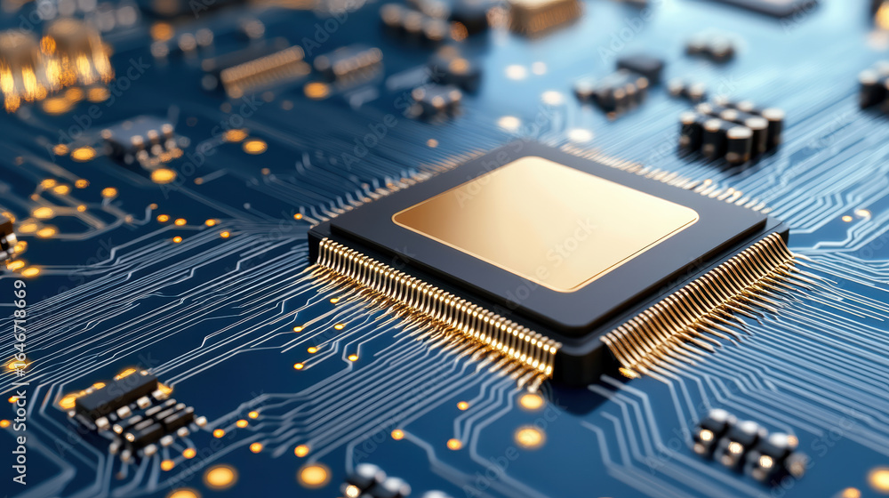Poster high tech circuit board with central processing unit, showcasing intricate details