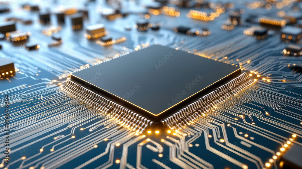 Poster high tech microprocessor on circuit board with glowing connections and intricate details