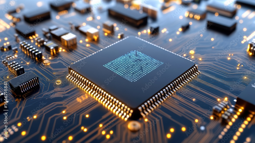 Poster high tech microprocessor on circuit board with glowing connections and intricate details